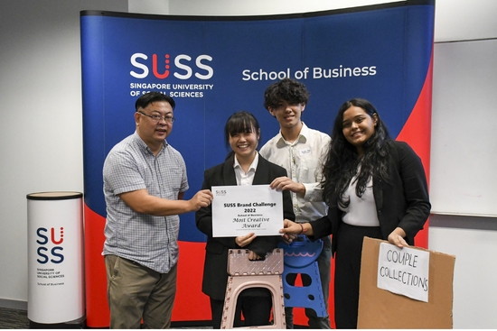 Most Creative Award Winner of the SUSS Brand Challenge 2022 from Ngee Ann Polytechnic, comprising members Sneha Gupta, Andrew Wong Yu Ze & Rachel Sau Ching Hui.