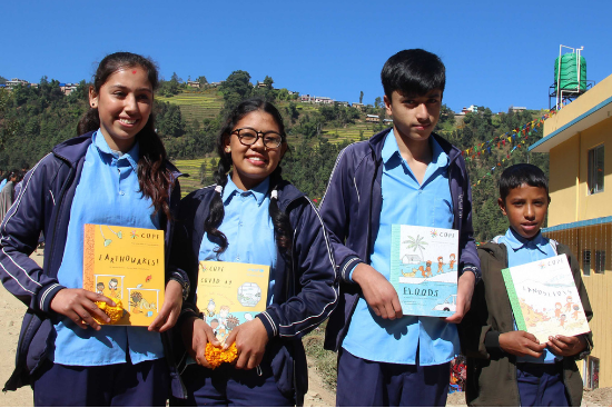 United Nations Major Group for Children and Youth (UNMGCY) sharing COPE’s books in Nepal.