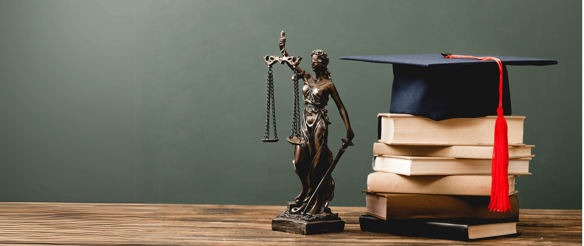 Stack of books, themis statuette and academic cap on wooden surface on grey