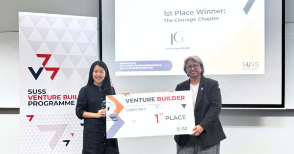 Lim Kai Ning (left), Co-founder of The Courage Chapter, with Suriyani Binte Rahamat (right), Head of Professional Readiness, SUSS’ Student Success Centre. 
